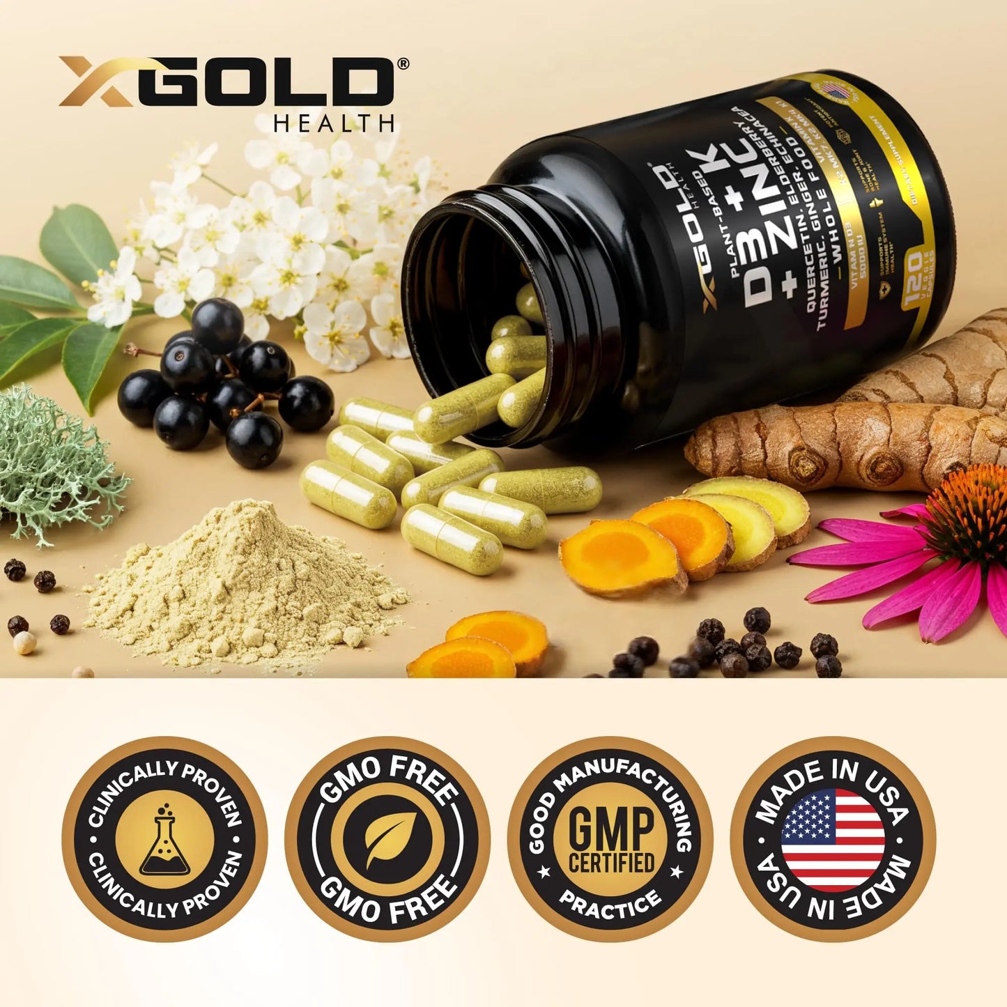 Vitamin D, K2, K1, Zinc, Quercetin, Elderberry, Turmeric, Ginger & Echinacea Whole Food Supplement 8 in 1- D3 5000 IU Plant-Based from Lichen, Vitamin K (K2 MK7, MK4, K1) X Gold Health canada supplements
