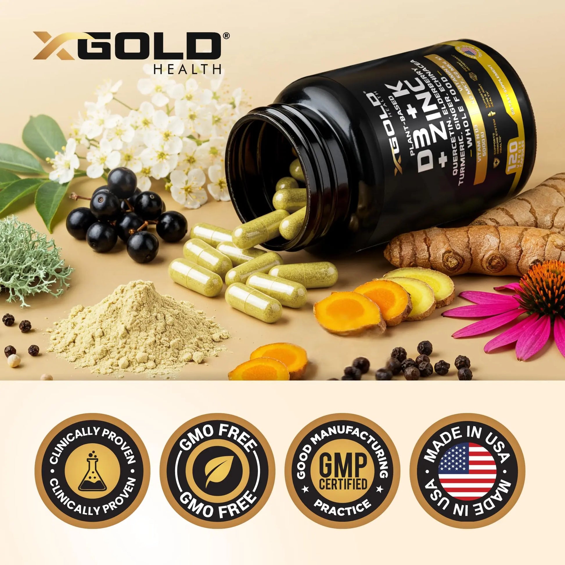 Vitamin D, K2, K1, Zinc, Quercetin, Elderberry, Turmeric, Ginger & Echinacea Whole Food Supplement 8 in 1- D3 5000 IU Plant-Based from Lichen, Vitamin K (K2 MK7, MK4, K1) X Gold Health canada supplements