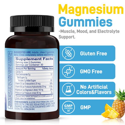 Biobor Potassium Magnesium Gummies, Magnesium Citrate & Potassium Citrate Supplements with Vitamin D3, B6 for Electrolyte Balance, Muscle, Leg Cramps, GMO Free Gluten Free (Pineapple,60 Count) BioborBuy Supplements Australia