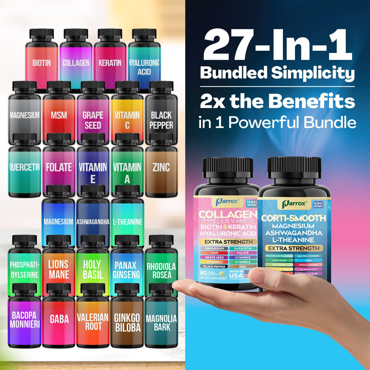 Parrox Shining Serenity Set, Cortisol Support with Ashwagandha, L-Theanine, Magnesium, Lions Mane, GABA, Bacopa Monnieri, Collagen I, II, III, V, X, Folate, Biotin, Keratin, Hyaluronic Acid, Quercetin ParroxBuy Supplements Australia
