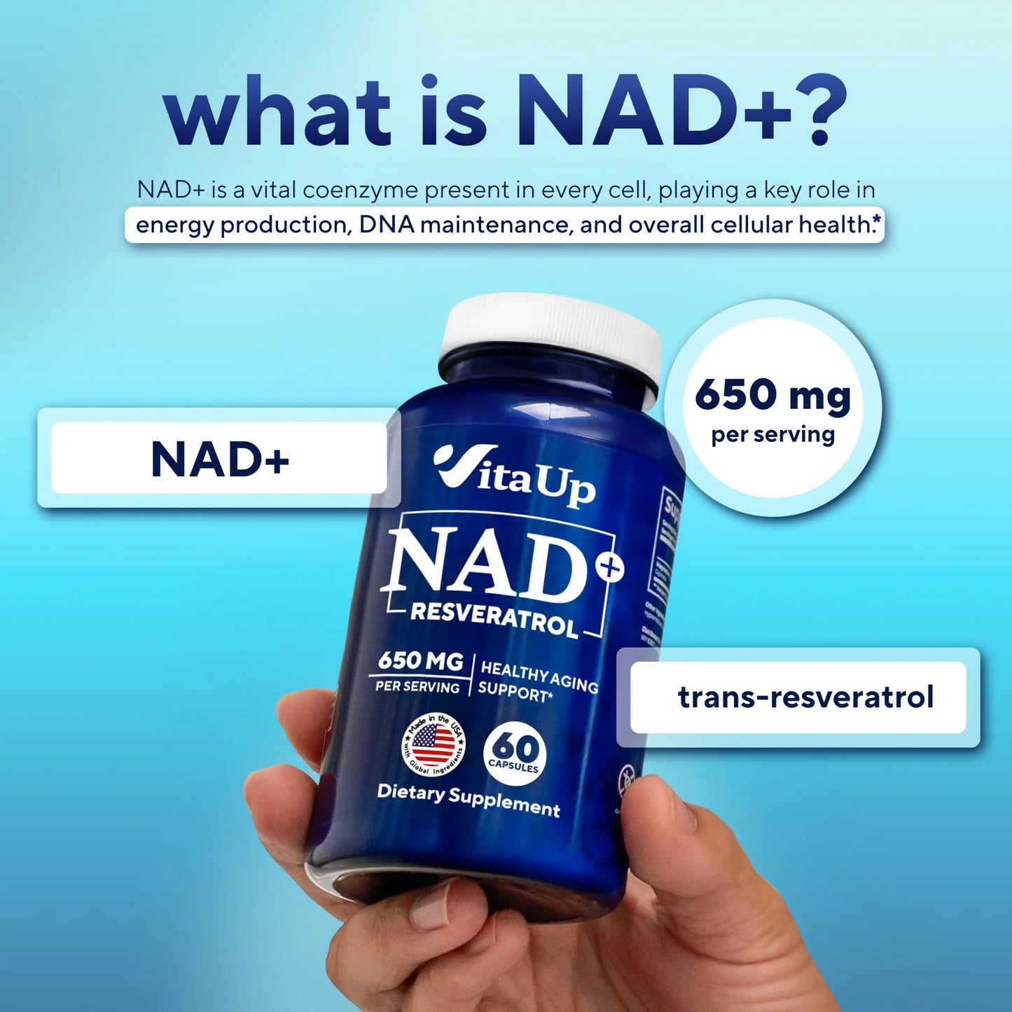 VitaUp NAD+ Resveratrol Supplement - USA Made Trans Resveratrol NAD Supplement 650mg - Nicotinamide Adenine Dinucleotide Capsules for Healthy Aging, Energy & Focus Support - 60 Count VitaUpBuy Supplements Australia