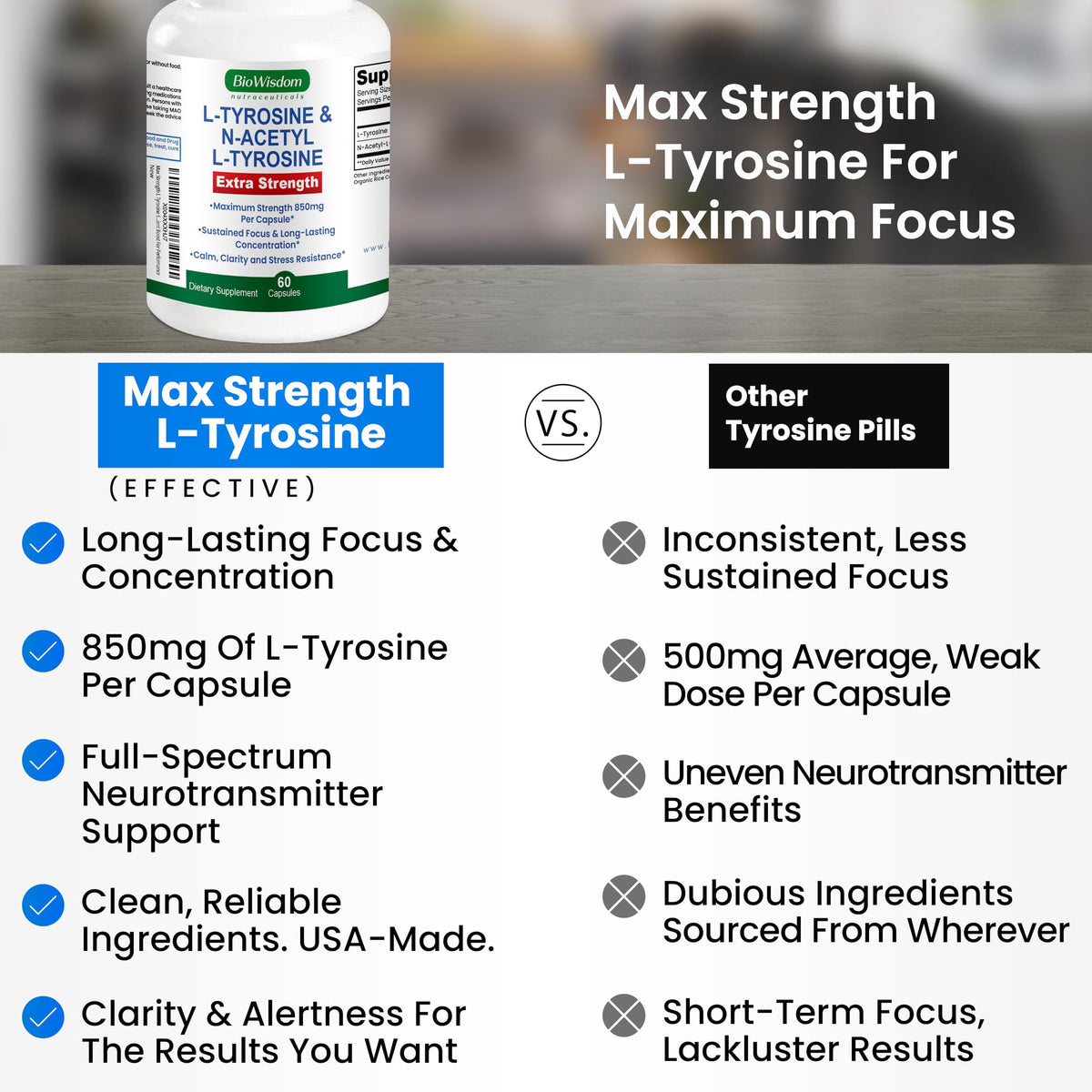 Max Strength L Tyrosine Supplement & N Acetyl L Tyrosine Peak Focus, Alertness, Concentration, Body & Mind Energy. L-Tyrosine 850mg Per 1 Capsule. A Well-Being Nutrient Boost For Performance BioWisdom Nutraceuticals buy supplements Au
