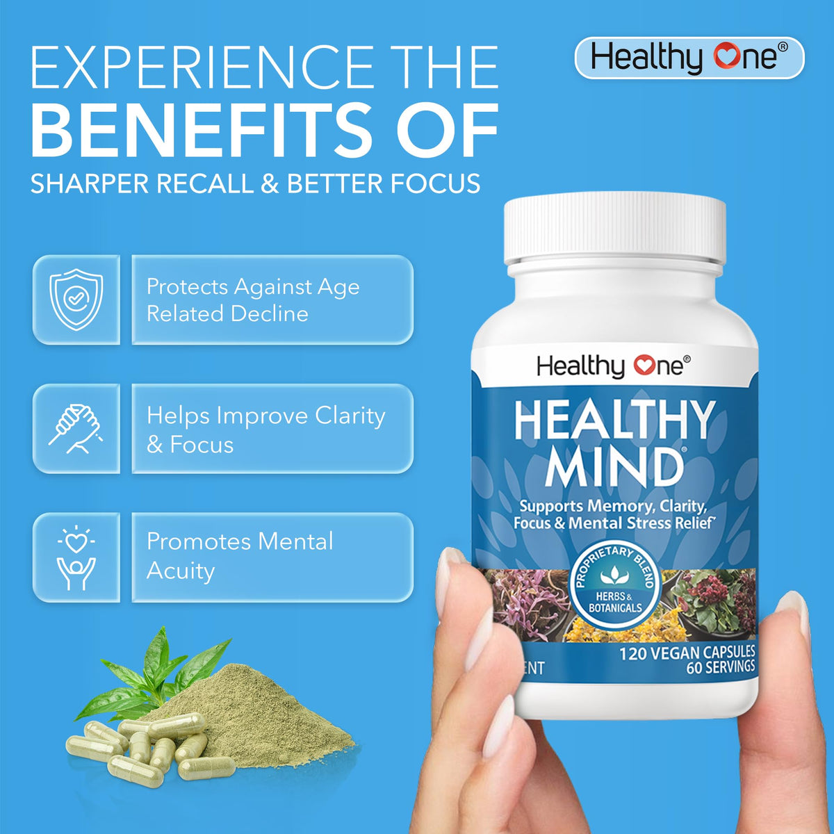 Healthy Mind - Safe for Teens - Brain Fog - Cognitive Function - Concentration - Focus - Neural Optimization - Mood - Ginkgo Biloba - Ginseng - Rhodiola - Bacopa - Gotu Kola - Green Tea - 60 Count Healthy OneBuy Supplements Australia