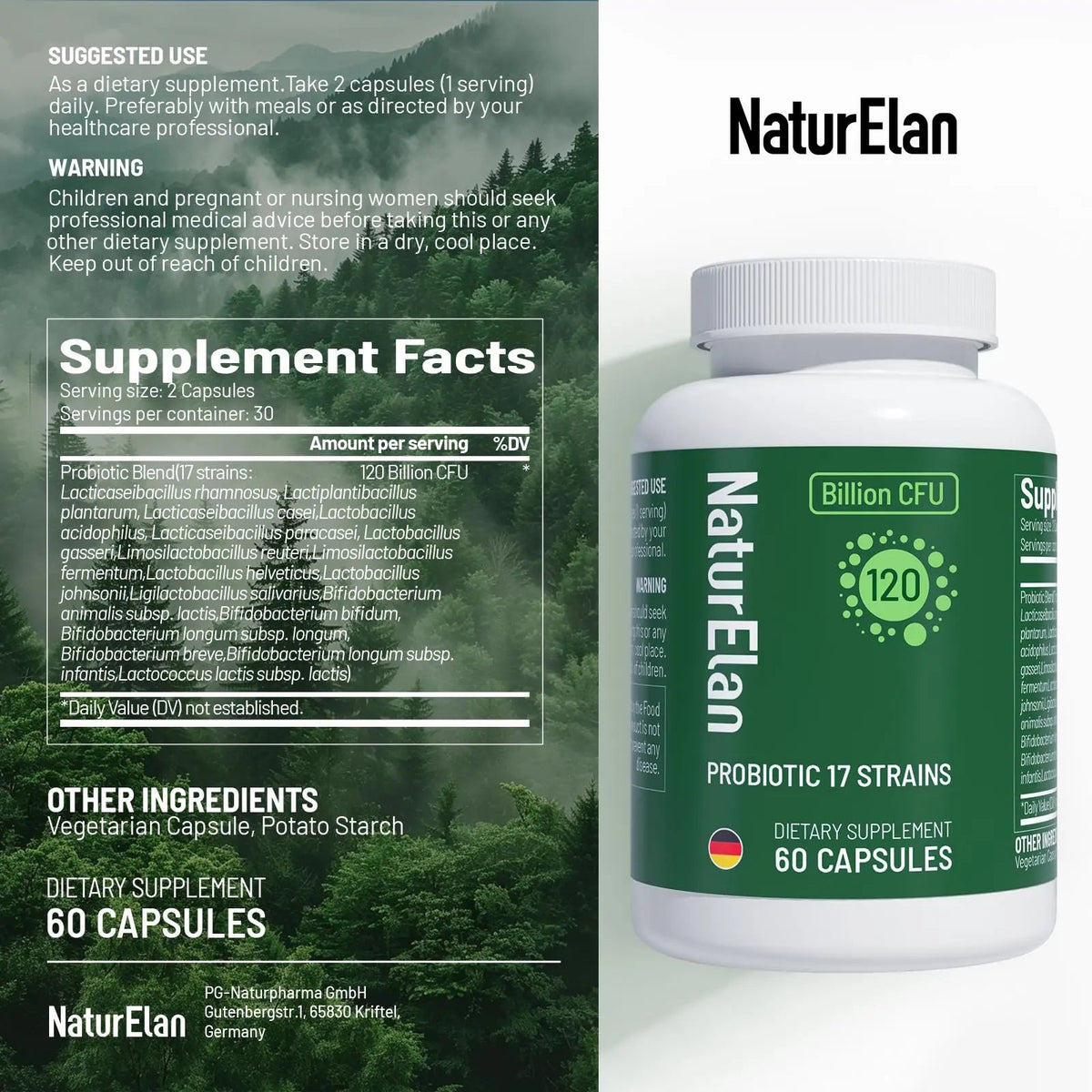 Probiotics for Women & Men - 120 Billion CFU, 17 Powerful Strains for Gut Health, Immunity & Fast Bloating Relief, Third - Party Tested, Non-GMO & Vegan Probiotics Formula for Digestive Health, 60 CT NaturElanBuy Supplements Australia