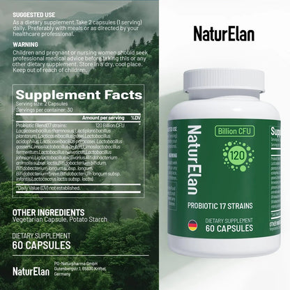 Probiotics for Women & Men - 120 Billion CFU, 17 Powerful Strains for Gut Health, Immunity & Fast Bloating Relief, Third - Party Tested, Non-GMO & Vegan Probiotics Formula for Digestive Health, 60 CT NaturElanBuy Supplements Australia