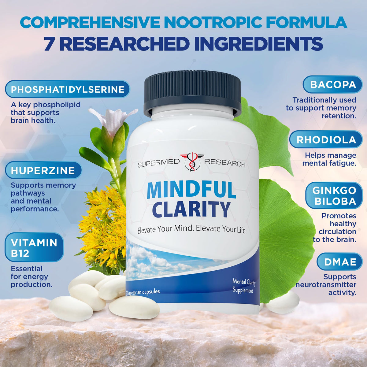 Supermed Research Mental Clarity & Focus Supplement with Bacopa, Rhodiola, Ginkgo Biloba, Huperzine, Vitamin B12, DMAE – Vegan Nootropic Brain Supplement for Memory and Brain Health (120 Capsules) Supermed ResearchBuy Supplements Australia