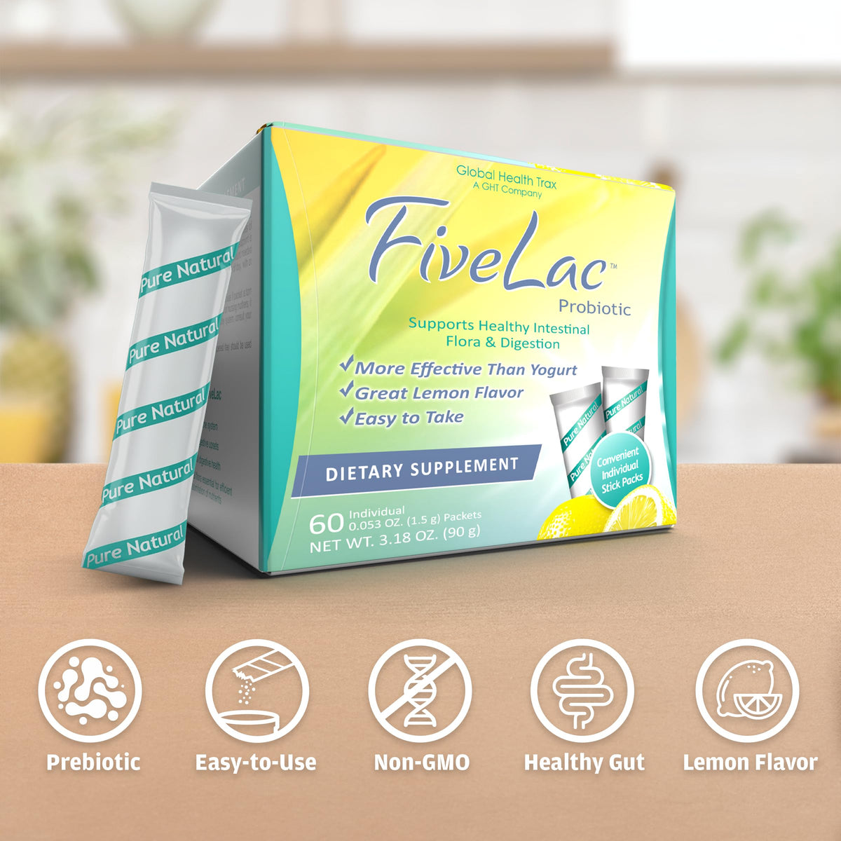 GHT - FiveLac Lemon Probiotic Powder Drink Mix, Probiotics for Women, Men, and Kids - Smooth Digestive Support and Elimination - Relieves Occasional Constipation and Gas - 60 Packets (3 Pack) Non-GMO ght Global Health TraxBuy Supplements Australia