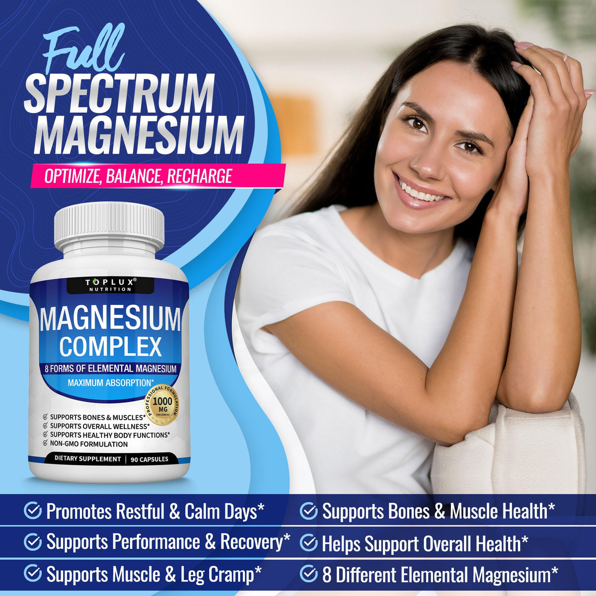 Magnesium Complex Supplement 8 Elemental 1000mg - Magnesium Glycinate, Citrate, Malate, Taurate, Chelated for Easy Absorption for Bones, Muscle, Recovery, Energy, Vegan Non-GMO 90 Capsules Toplux buy supplements Au