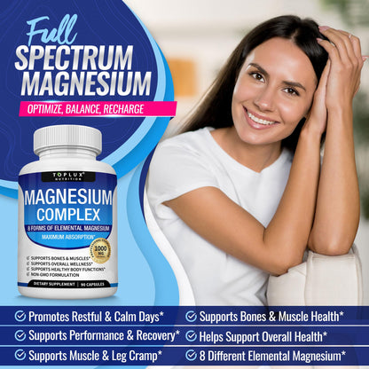 Magnesium Complex Supplement 8 Elemental 1000mg - Magnesium Glycinate, Citrate, Malate, Taurate, Chelated for Easy Absorption for Bones, Muscle, Recovery, Energy, Vegan Non-GMO 90 Capsules Toplux buy supplements Au