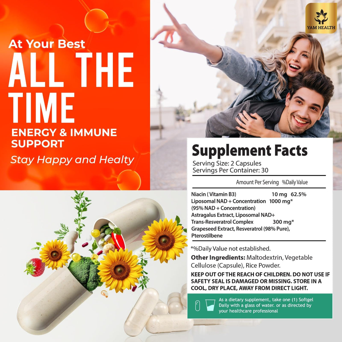 YAM Health Liposomal NAD Nicotinamide Riboside Equivalent with Trans-Resveratrol 300mg, Premium Halal NAD Supplement for Energy Metabolism, DNA Repair and Longevity, Vegan, Non-GMO (60 Count) YAM HealthBuy Supplements Australia