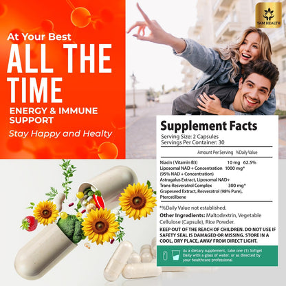 YAM Health Liposomal NAD Nicotinamide Riboside Equivalent with Trans-Resveratrol 300mg, Premium Halal NAD Supplement for Energy Metabolism, DNA Repair and Longevity, Vegan, Non-GMO (60 Count) YAM HealthBuy Supplements Australia