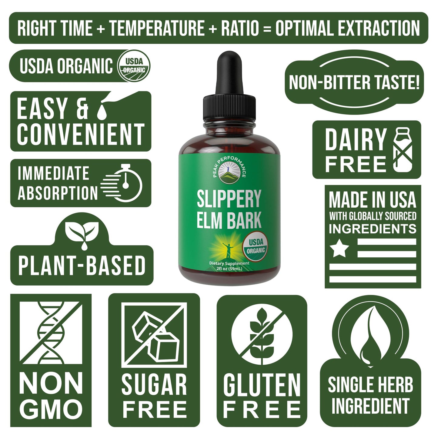 Slippery Elm Bark USDA Organic Vegan Liquid Drops. Extract with High Bioavailability for Women, Men, Kids. for Sore Throat, Irritated Stomach. Zero Sugar, Gluten Free, Tincture Supplement No Capsules Peak PerformanceBuy Supplements Australia
