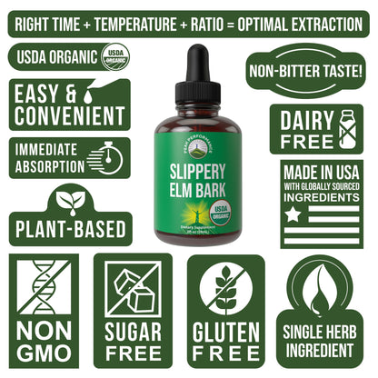 Slippery Elm Bark USDA Organic Vegan Liquid Drops. Extract with High Bioavailability for Women, Men, Kids. for Sore Throat, Irritated Stomach. Zero Sugar, Gluten Free, Tincture Supplement No Capsules Peak PerformanceBuy Supplements Australia