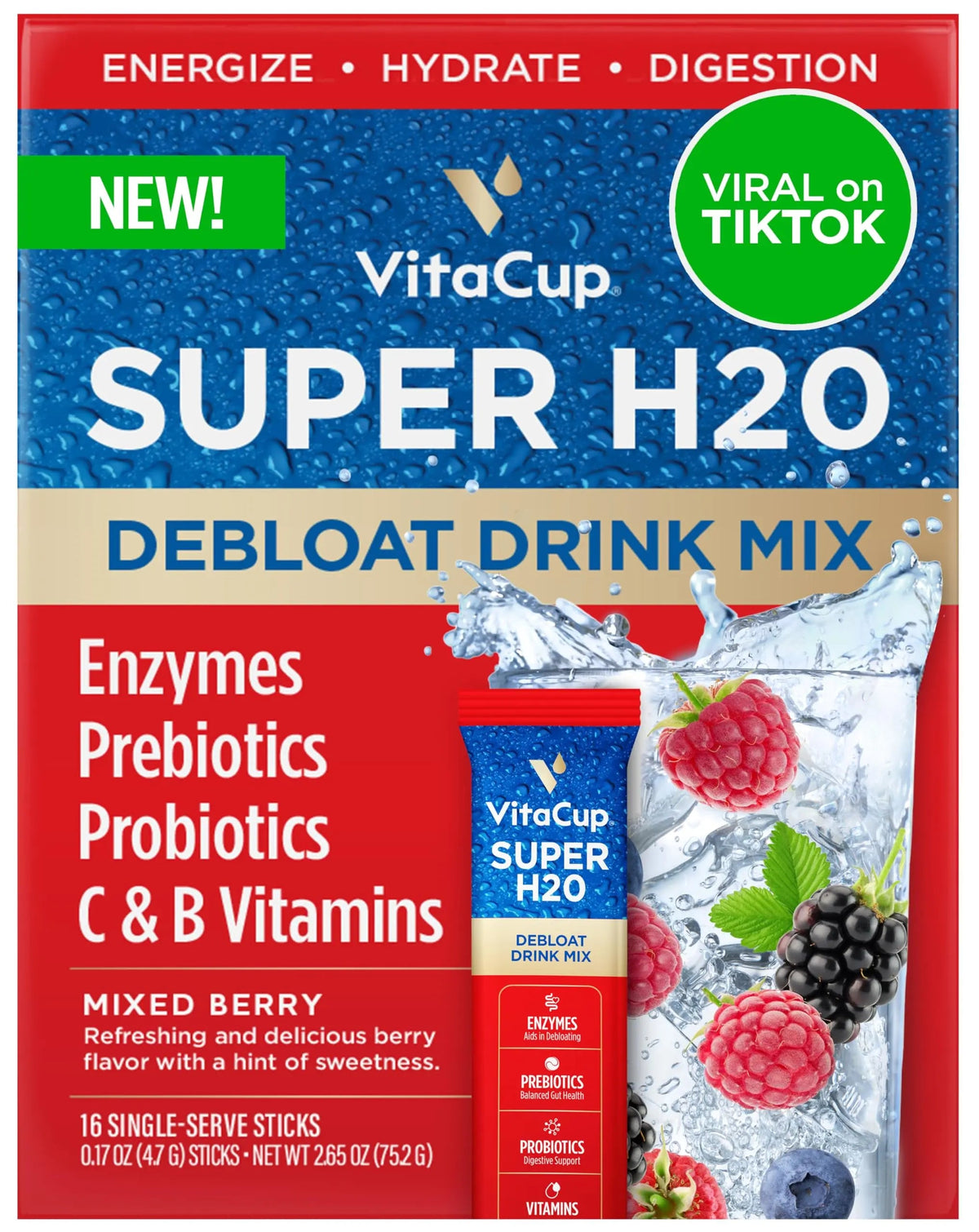 VitaCup Super H2O Bloating Relief and Digestive Health Drink Mix Packets, Probiotics, Prebiotics, C & B Vitamins, Mixed Berry Flavor Water Enhancer Packets, 16Ct VitaCupBuy Supplements Australia