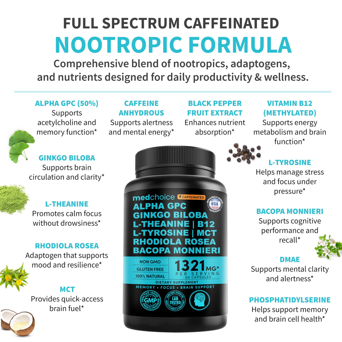 12-in-1 Nootropic Brain Supplement with Caffeine Anhydrous: Ginkgo Biloba for Brain Support, Memory and Focus - B12, Alpha GPC, L Theanine and Choline Supplements with Bioperine with 1321mg (60ct) MEDCHOICEBuy Supplements Australia