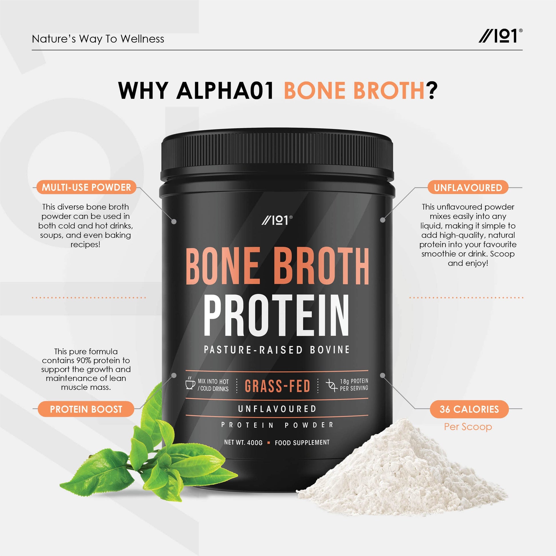 Bone Broth Beef Protein Powder - 400g - Unflavoured - 100% Grass-Fed & Pasture Raised Beef ALPHA01Buy Supplements Australia