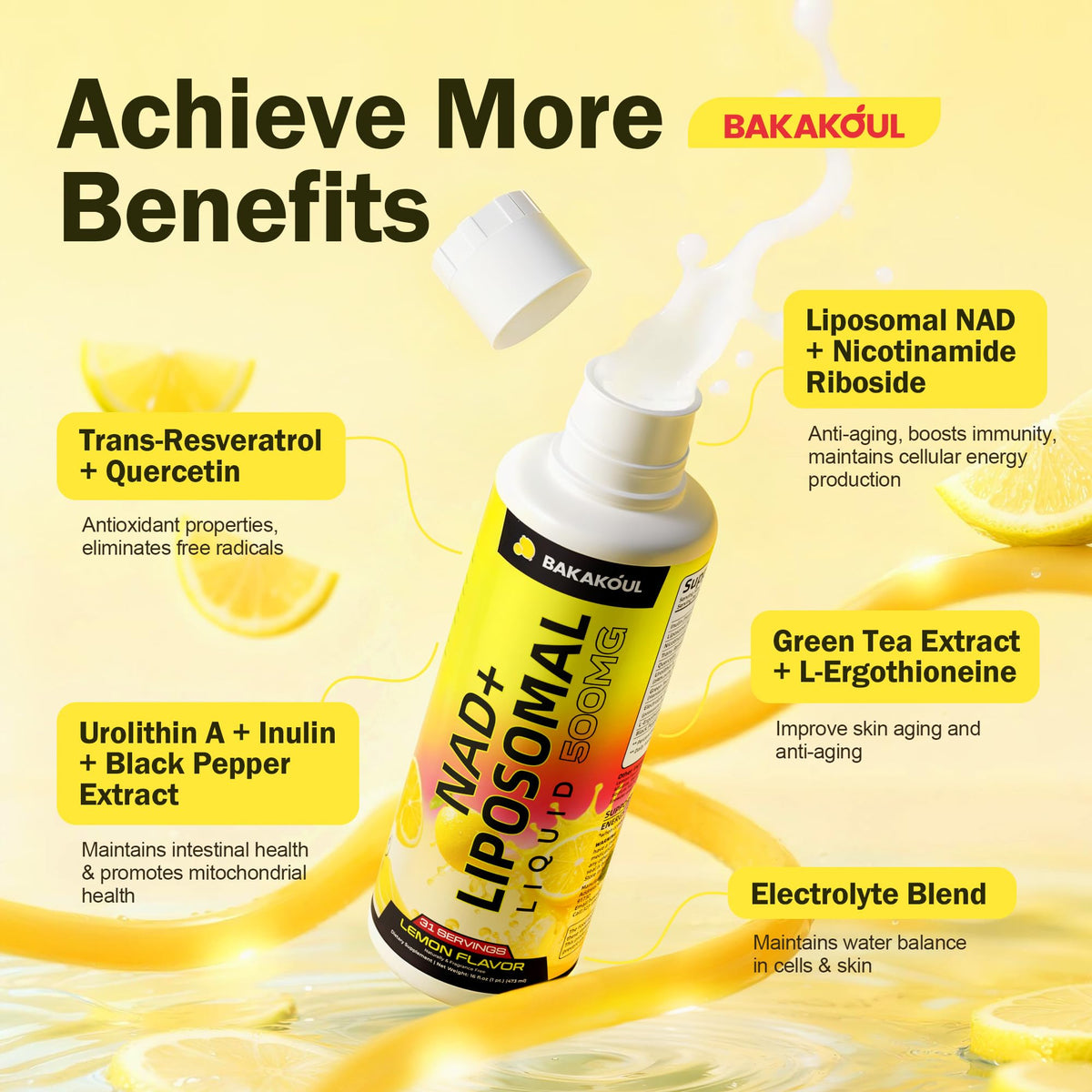 Liposomal NAD+ Liquid Supplement - Designed to Help Support Absorption - Nhanced Cellular Uptake, Helps Support Normal Cellular Health, Supports Cellular Energy Metabolism and Vitality - Lemon Flavor BAKAKOULBuy Supplements Australia