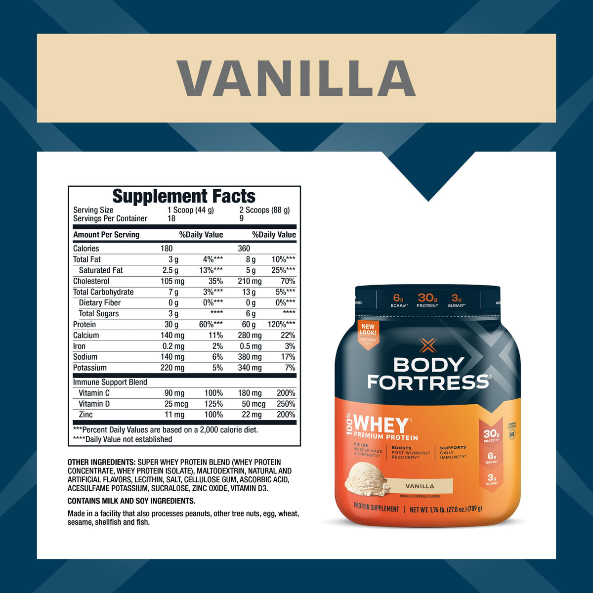 Body Fortress 100% Whey, Premium Protein Powder, Vanilla, 1.74lbs (Packaging May Vary) Body FortressBuy Supplements Australia