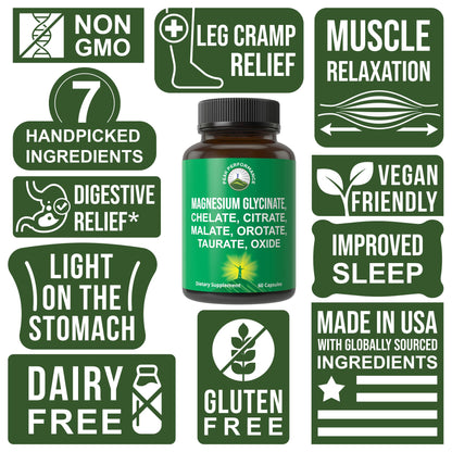Magnesium Glycinate + Citrate + Malate + Chelate + Orotate + Taurate + Oxide. 7 Forms of Magnesium Complex. 500mg Supplement Capsules for Women & Men. 2 Pills for Sleep, Leg Cramps, Muscles Peak PerformanceBuy Supplements Australia