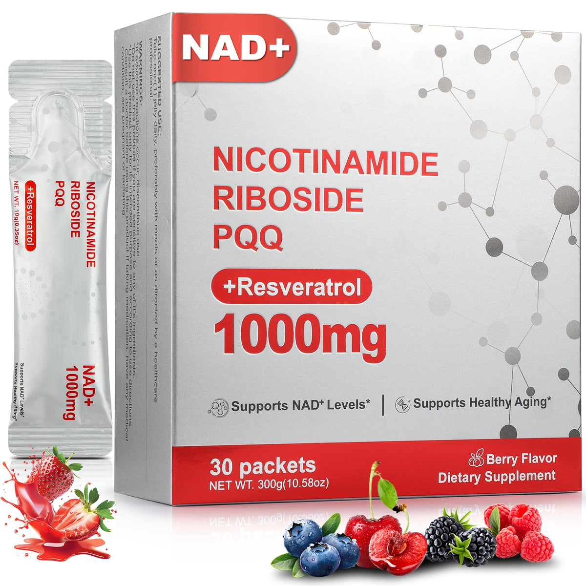 Supplement package with NAD+, Nicotinamide Riboside PQQ, and Resveratrol on a white background