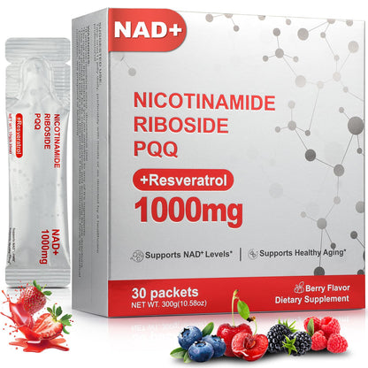 Supplement package with NAD+, Nicotinamide Riboside PQQ, and Resveratrol on a white background