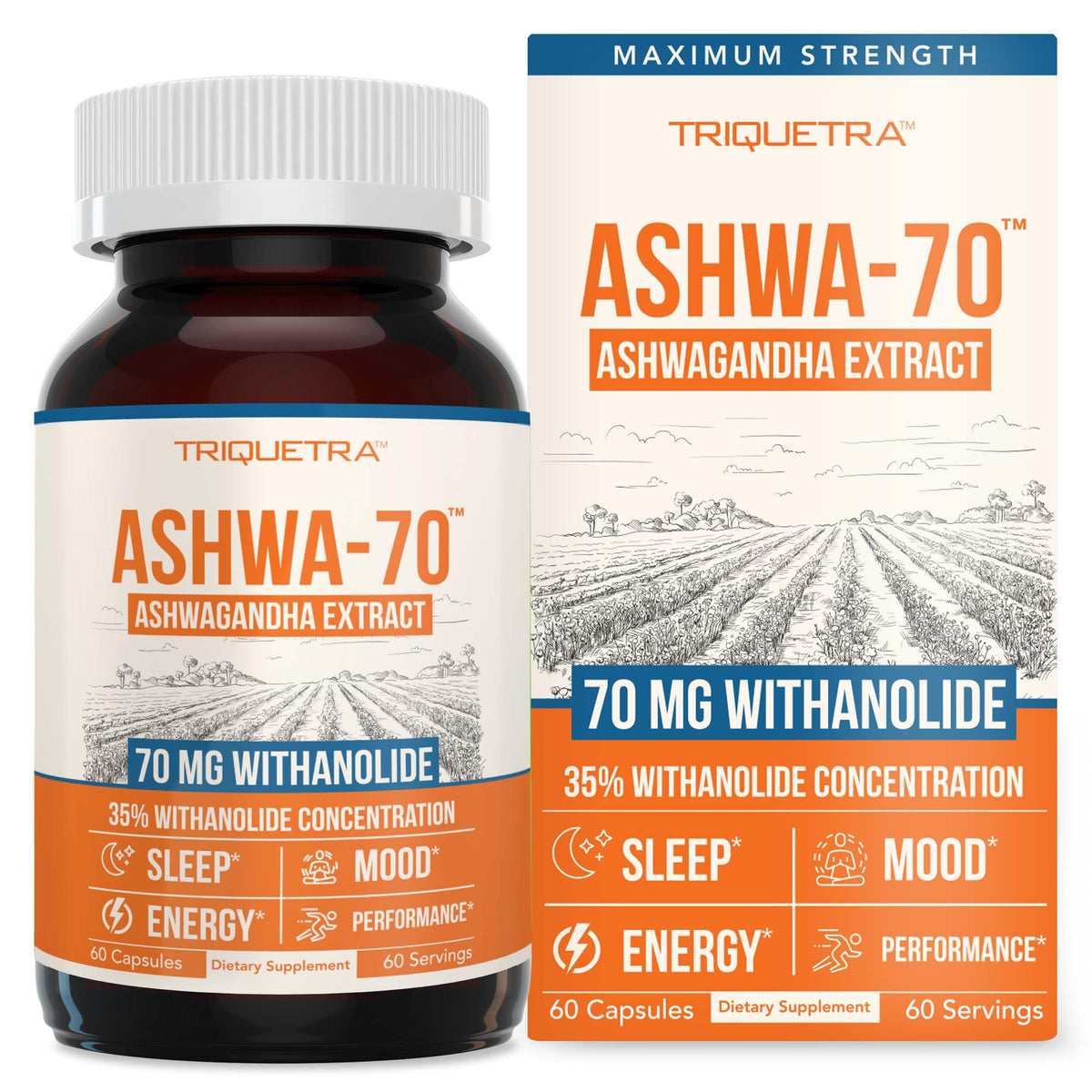 Ashwa-70®: Ashwagandha Extract - 35% Withanolides | Max Strength, Highest Withanolide Concentration - Mood & Performance - Enhanced Absorption with BioPerine® Black Pepper (60 Capsules) Triquetra HealthBuy Supplements Australia