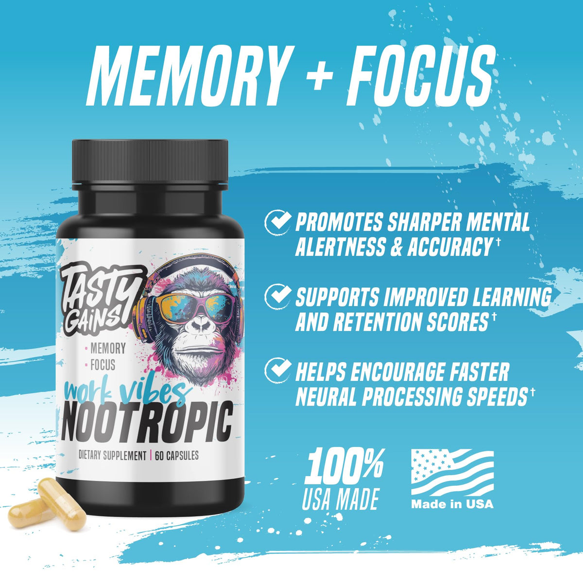 Nootropic Brain Supplement for Memory and Focus - Vitamin for Mental Health & Brain Health with L-Theanine, Rhodiola Rosea & Phosphatidylserine - Memory, Mental Clarity & Cognitive Improvement - 60 Ct TASTY GAINSBuy Supplements Australia