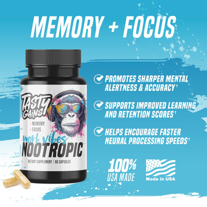 Nootropic Brain Supplement for Memory and Focus - Vitamin for Mental Health & Brain Health with L-Theanine, Rhodiola Rosea & Phosphatidylserine - Memory, Mental Clarity & Cognitive Improvement - 60 Ct TASTY GAINSBuy Supplements Australia