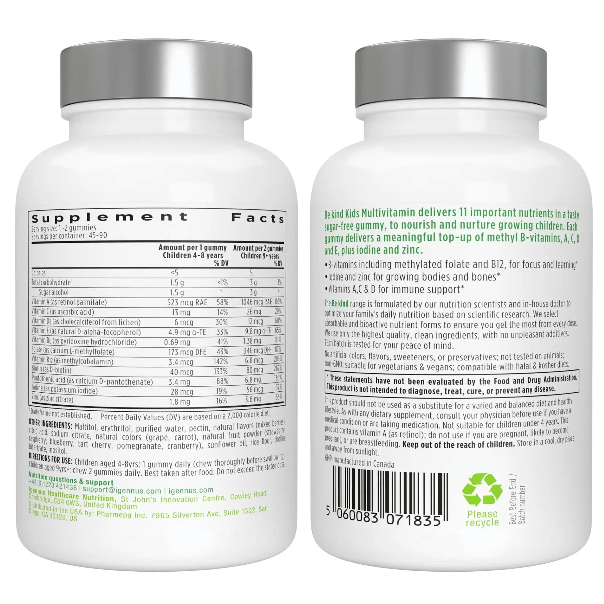 Igennus Methylated Kids Multivitamin Gummy, MTHFR, No Artificial Sweeteners or Flavors, Sugar Free, Age 4+, 90 Natural Berry Flavor Gummies Igennus Healthcare NutritionBuy Supplements Australia