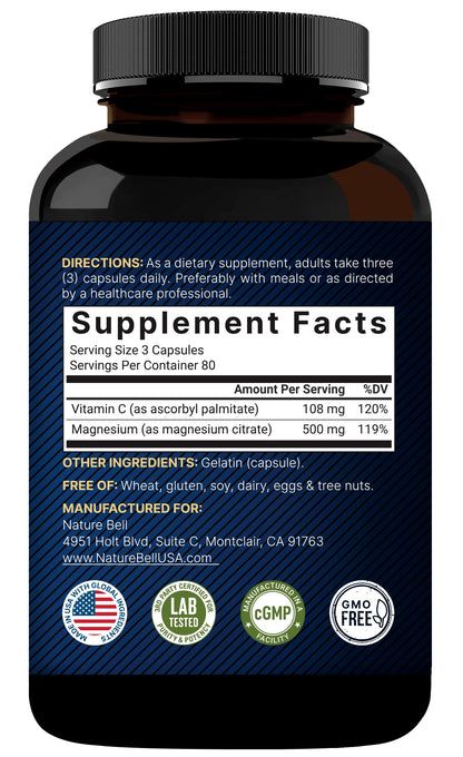 NatureBell Pure Magnesium Citrate 500mg per 3 Capsules Serving Size, 240 Capsules per Bottle