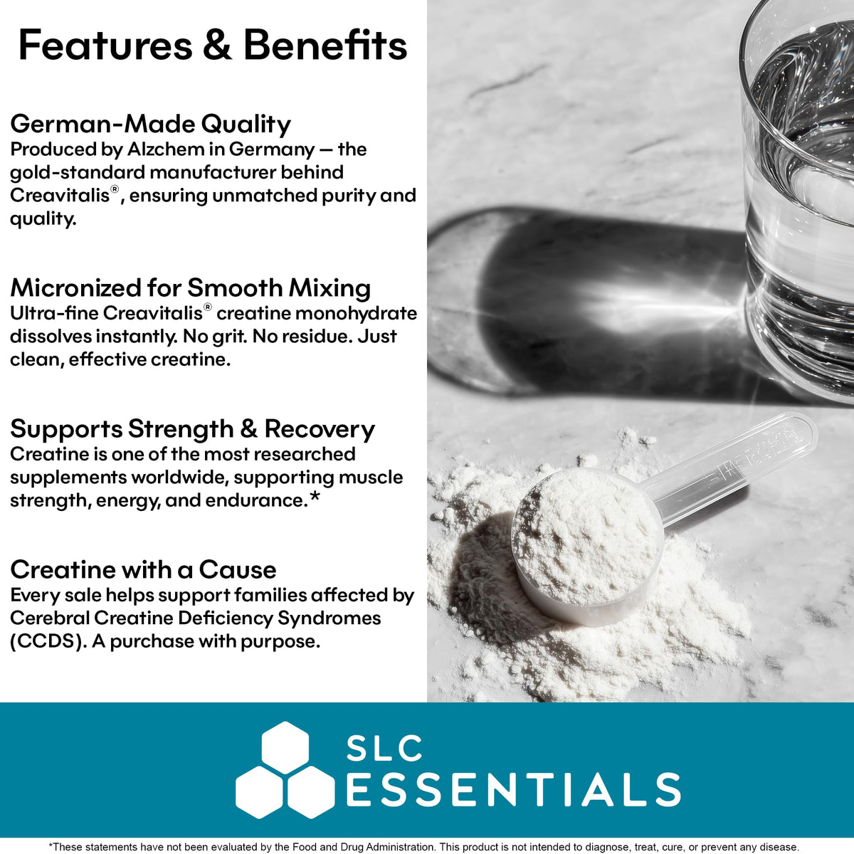 SLC Essentials Creatine Monohydrate Powder | 100% Pure Micronized Creavitalis® | German-Made | Unflavored, No Fillers | Supports Muscle Strength, Recovery, & Cognitive Energy | 5g Servings SLC EssentialsBuy Supplements Australia