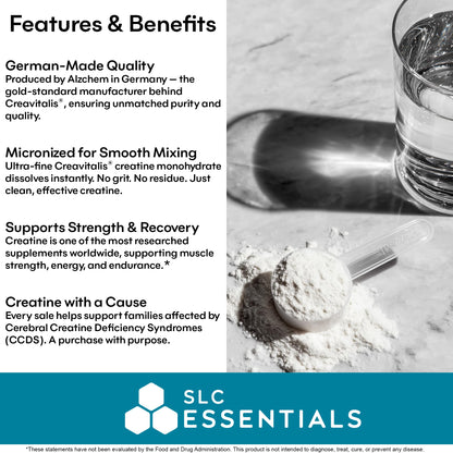 SLC Essentials Creatine Monohydrate Powder | 100% Pure Micronized Creavitalis® | German-Made | Unflavored, No Fillers | Supports Muscle Strength, Recovery, & Cognitive Energy | 5g Servings SLC EssentialsBuy Supplements Australia