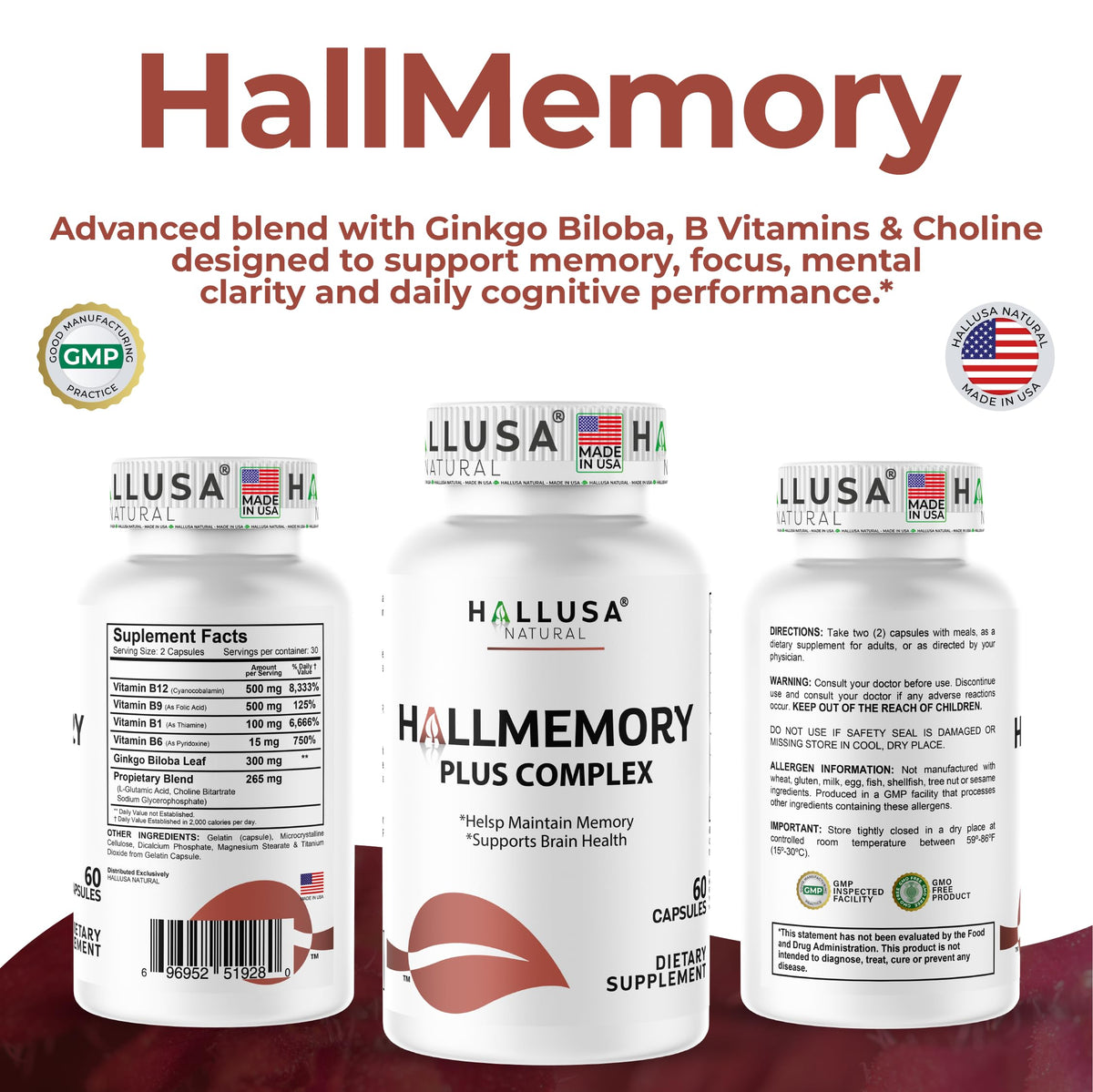 Hallusa Natural Brain Health Supplement Capsules 1680mg, Ginkgo Biloba, B Vitamins & Choline, Memory & Focus Support, Brain Booster for Men & Women, 60 Count Hallusa Natural buy supplements Au