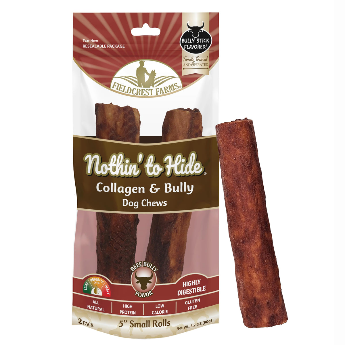 Fieldcrest Farms Nothin’ to Hide Collagen & Bully Small Rolls, 5 Inch, Beef Bully Flavor, Highly Digestible Chews That Support Skin, Coat, Joints & Muscles, for Moderate Chewers Under 25 Lbs, 2 Pack Fieldcrest FarmsBuy Supplements Australia