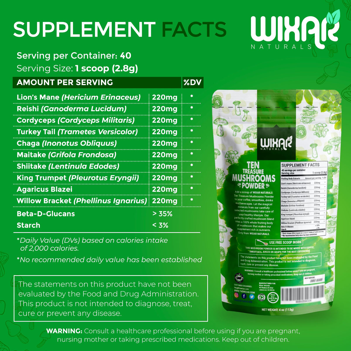 Wixar Mushroom Powder - Ten Treasure Mushrooms Extract Supplement Blend for Coffee WIXAR NATURALSBuy Supplements Australia