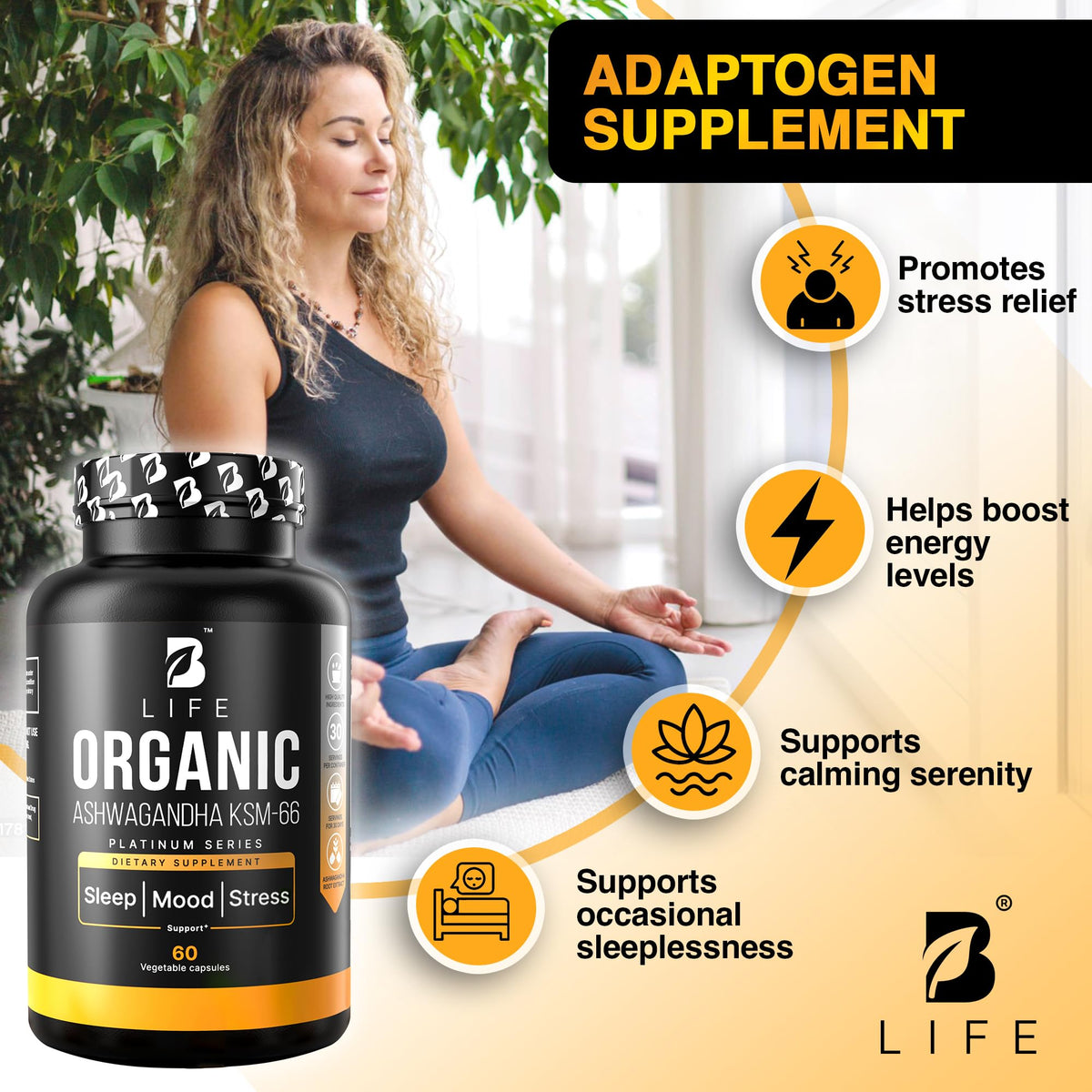 Organic Ashwagandha KSM-66 1000 mg Supplement | Adaptogen for Cortisol Support & Stress Relief | Mood, Calm & Sleep Aid for Men & Women | Ashwagandha ritual vitamins for women | 60 Vegan Caps B Life CompanyBuy Supplements Australia