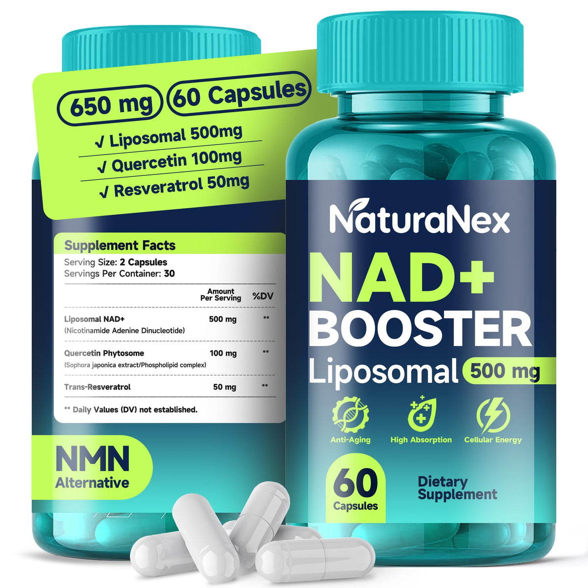 NaturaNex NAD+ Supplement 650mg (60 Capsules), Liposomal NAD+ with Resveratrol & Quercetin, Third-Party Tested, NMN Supplement Alternative NaturaNexBuy Supplements Australia