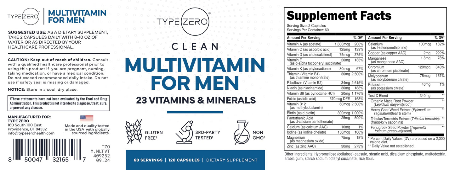 Type Zero Multivitamin Capsules for Men (120 Capsules) (1200 mg) - Gluten-Free, 60 Servings Type ZeroBuy Supplements Australia