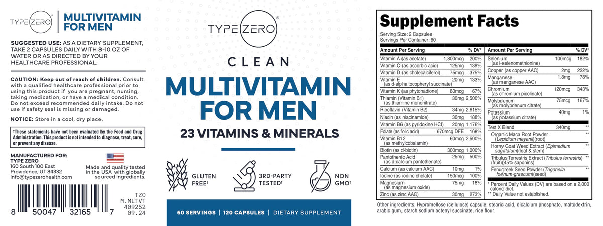 Type Zero Multivitamin Capsules for Men (120 Capsules) (1200 mg) - Gluten-Free, 60 Servings Type ZeroBuy Supplements Australia