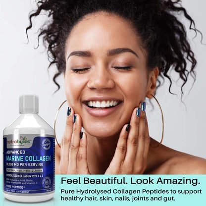 Marine Collagen Liquid 10000mg Sugar Free, Hydrolysed Peptides | Hyaluronic Acid, Biotin, Silica, Vitamin C, Vitamin D3 NUTRABYTESBuy Supplements Australia