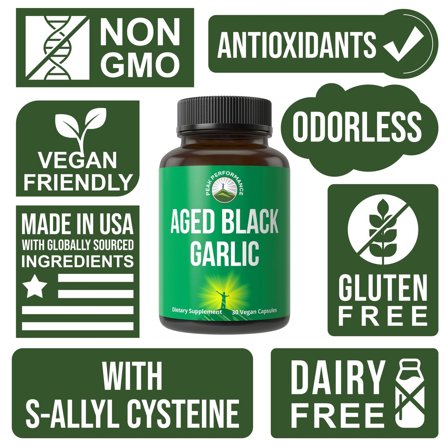 Peak Performance Aged Black Garlic Capsules. Raw Vegan Pure Odorless Extract Supplement Pills for Cholesterol, and Immune Support. from Garlic Bulb with S-Allyl Cysteine and Antioxidants Peak PerformanceBuy Supplements Australia