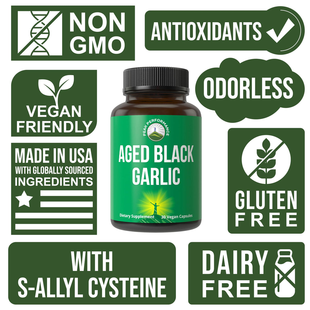 Peak Performance Aged Black Garlic Capsules. Raw Vegan Pure Odorless Extract Supplement Pills for Cholesterol, and Immune Support. from Garlic Bulb with S-Allyl Cysteine and Antioxidants Peak PerformanceBuy Supplements Australia