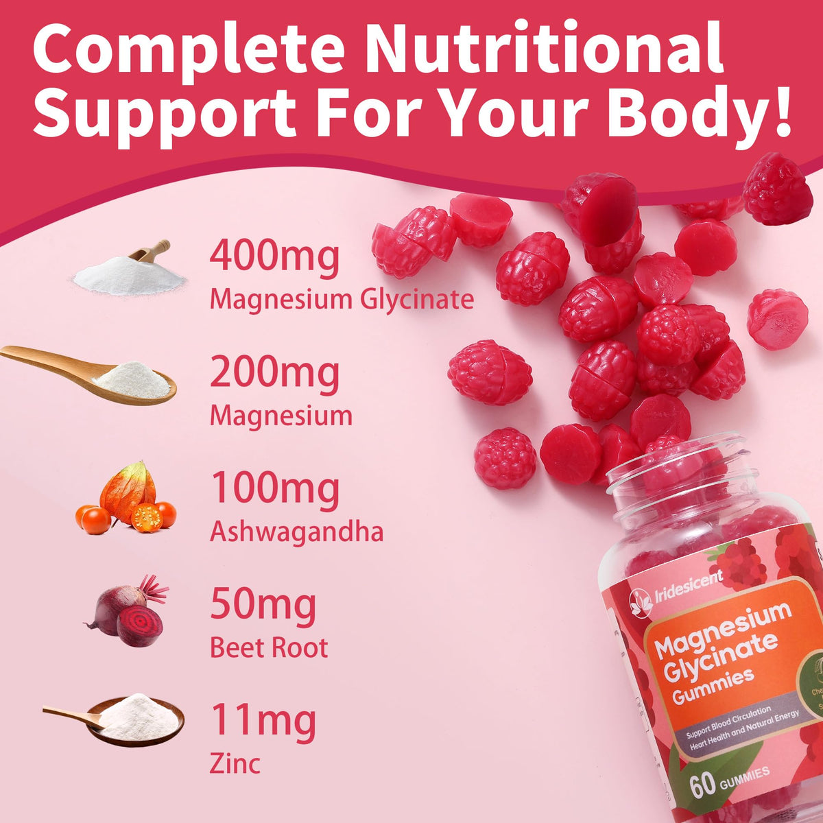 IRIDESICENT Magnesium Glycinate Gummies 400mg, Sugar Free Magnesium Supplement w/Ashwagandha, Zinc, Vegan Magnesium Glycinate Supplement for Adults - 120 Cherry Gummies IRIDESICENTBuy Supplements Australia
