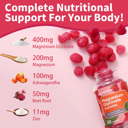 IRIDESICENT Magnesium Glycinate Gummies 400mg, Sugar Free Magnesium Supplement w/Ashwagandha, Zinc, Vegan Magnesium Glycinate Supplement for Adults - 120 Cherry Gummies IRIDESICENTBuy Supplements Australia