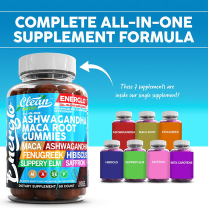 Ashwagandha Maca Root Gummies with Fenugreek Hibiscus Slippery Elm Saffron Extract & Beta Carotene | Peach Flavor Vegan Gummy Vitamins Adaptogen Cortisol Supplement Energlo by Clean Nutra Clean NutraceuticalsBuy Supplements Australia