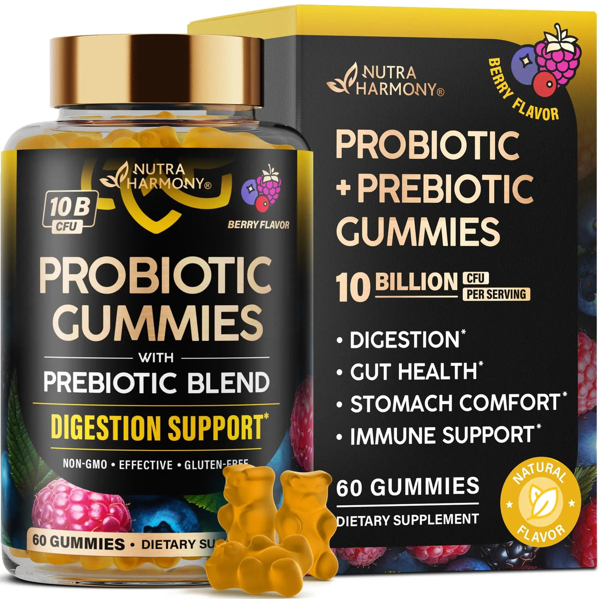 Probiotic Gummies 10B CFU with Prebiotic Fiber - Digestion & Immune Support - Debloat, Stomach & Gut Comfort - Probiotics for Women & Men - Natural Berry Flavor - Vegan & Sugar-free - 60 Gummies NUTRAHARMONYBuy Supplements Australia