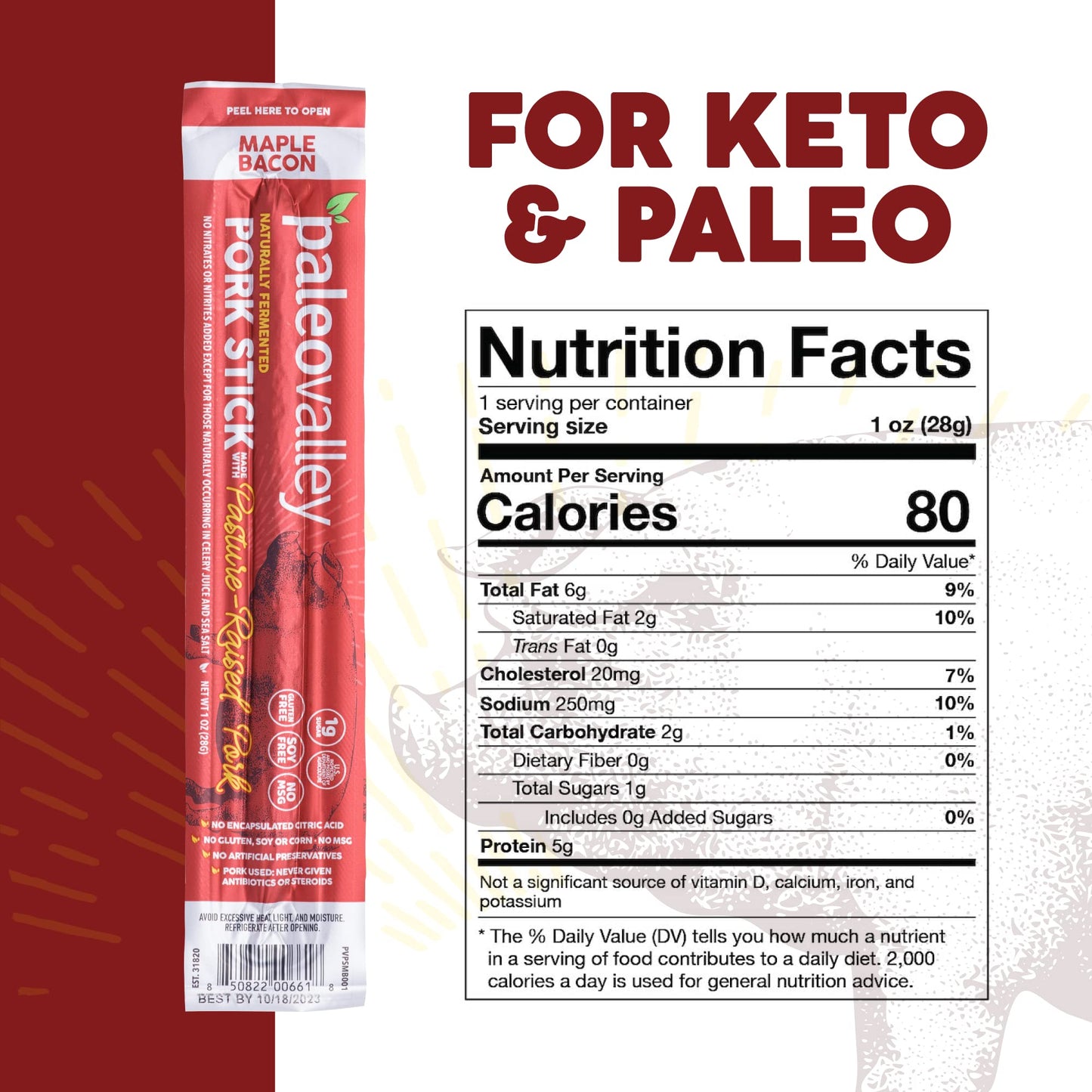 Paleovalley Pasture-Raised Pork Sticks - Maple Bacon Flavor Meat Sticks Individually Wrapped, 28g - 10 Sticks - Gluten-Free Protein Snack PaleovalleyBuy Supplements Australia