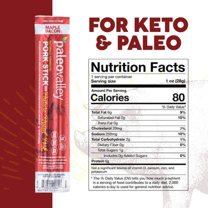 Paleovalley Pasture-Raised Pork Sticks - Maple Bacon Flavor Meat Sticks Individually Wrapped, 28g - 10 Sticks - Gluten-Free Protein Snack PaleovalleyBuy Supplements Australia