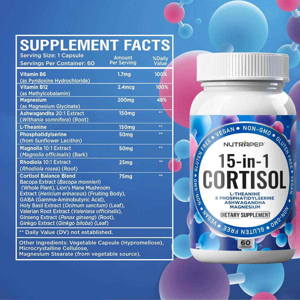NutraPep Cortisol Detox Supplement Men Women - Reduce Lower Cortisol High Cortisol Reducer Blocker Control - Supports Stress Mood Rest Adrenal Calm Relax with Ashwagandha L-Theanine Magnesium NutraPepBuy Supplements Australia