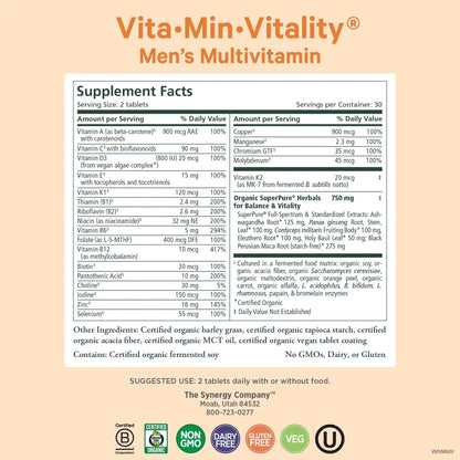 PURE SYNERGY Vita·Min·Vitality | Natural Multivitamin for Men | Men’s Daily Multivitamin Made with Organic Whole Foods | PURE SYNERGY